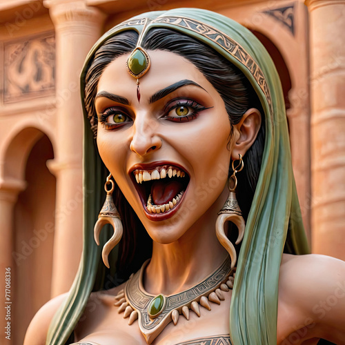 Artistic Close-up Portrait of a Seductive Pre-Historic Middle Eastern Vampire with Long Fangs Gen AI photo