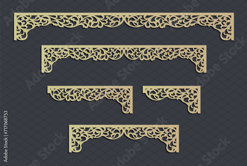Laser cut template panels set. Die cut geometric pattern rectangle shape for metal , wooden, paper, engraving, stencil. Vector illustration design.