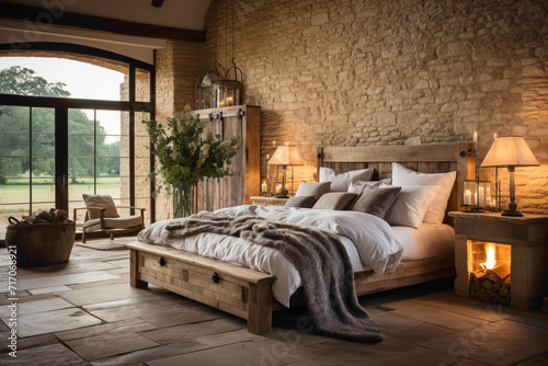 Transport yourself to a serene farmhouse retreat, where a vintage wooden bedside cabinet stands beside an inviting wooden bed, creating an inviting bedroom haven.