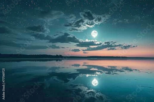 A beautiful landscape view of half cloudy circle on reflecting on water at night © Sardar