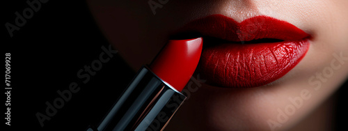 A woman paints her lips with red lipstick. Selective focus.