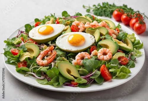 A plate of salad with a mixture of green leaves and isolated vegetables with avocado or eggs, chicken and shrimp.