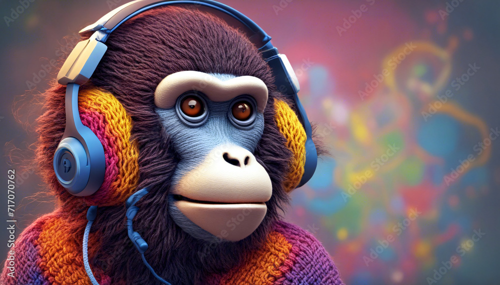 Ein Schimpanse mit bunter, gestrickter Kleidung und Kopfhöhrer hört Musik.