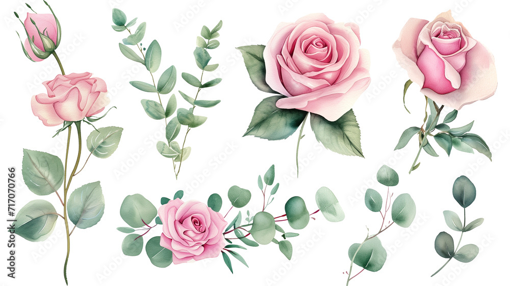 Watercolor elements pink roses, flowers, leaves, eucalyptus, branches set collection for wedding stationary, invitation card, greeting, wallpaper, fashion, isolated on transparent background