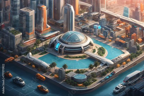 isometric illustration representing a futuristic city with high-tech buildings, flying cars, drones, and robots. Use a modern and vibrant colour palette to bring your illustration to life and captures