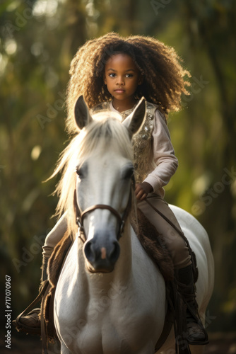 Beautiful African American woman with afro hairstyle riding white horse