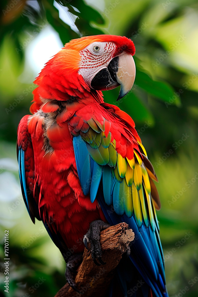 Fototapeta premium portrait of a macaw parrot in nature. Selective focus.