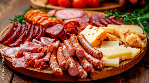 Board with sliced sausages and delicacies cheeses. Selective focus.