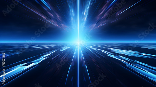 Light speed hyperspace space warp background in blue lights,, Network connection. Internet connection. Abstract blue background with moving lines and dots. Visualization of big data. 3d rendering © javed