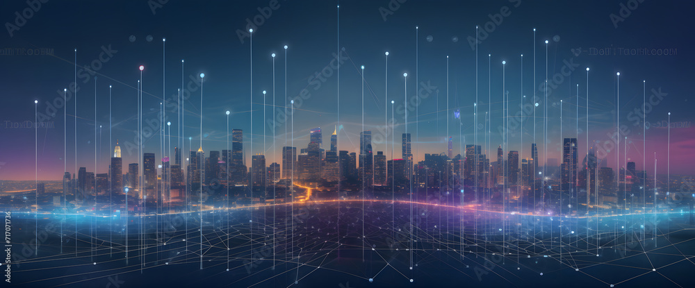 Smart city concept with abstract dots connected by colorful lines. Illustrating big data connection technology and an elegant futuristic cityscape. Smart city concept with abstract dots connected by colorful lines. Illustrating big data connection technology and an elegant futuristic cityscape.
