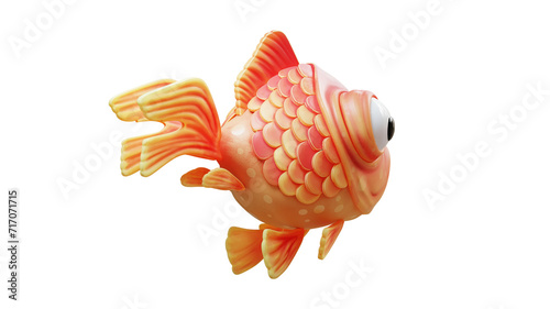 Concept art character of a sad little сute cartoon kawaii funny spherical goldfish with big bulging eyes, yellow belly and red back, round stylized scales floats in air. 3d render isolated transparent photo