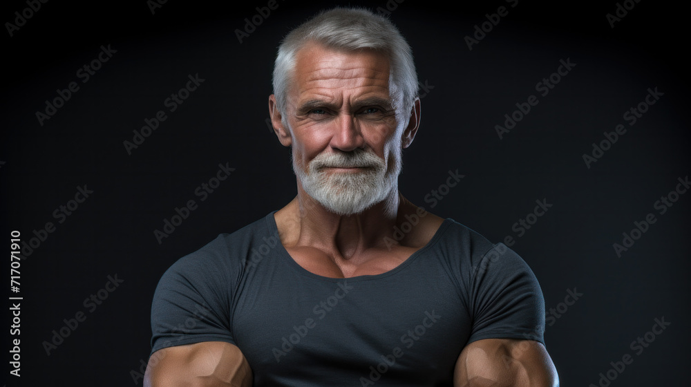 Look at this. Smiling middle aged muscular man in t shirt showing his biceps, while posing in studio over grey background. Look at this. Smiling middle aged muscular man in t shirt showing his biceps, while posing in studio over grey background.