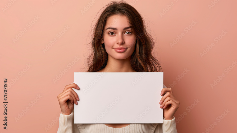 young brunette woman holding blank sign to enter text, isolated on pastel background young brunette woman holding blank sign to enter text, isolated on pastel background