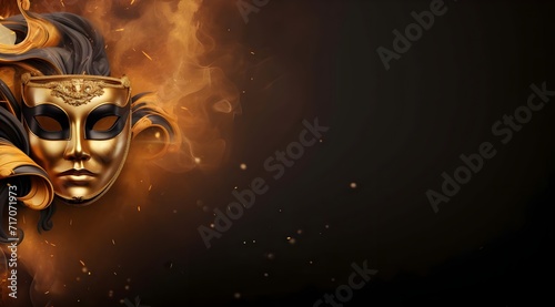 Masquerade mask with golden flames on black background.