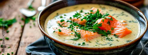 Norwegian cream soup with salmon. Selective focus. photo