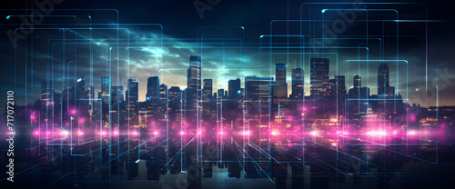 Smart city concept with abstract dots connected by colorful lines. Illustrating big data connection technology and an elegant futuristic cityscape.
