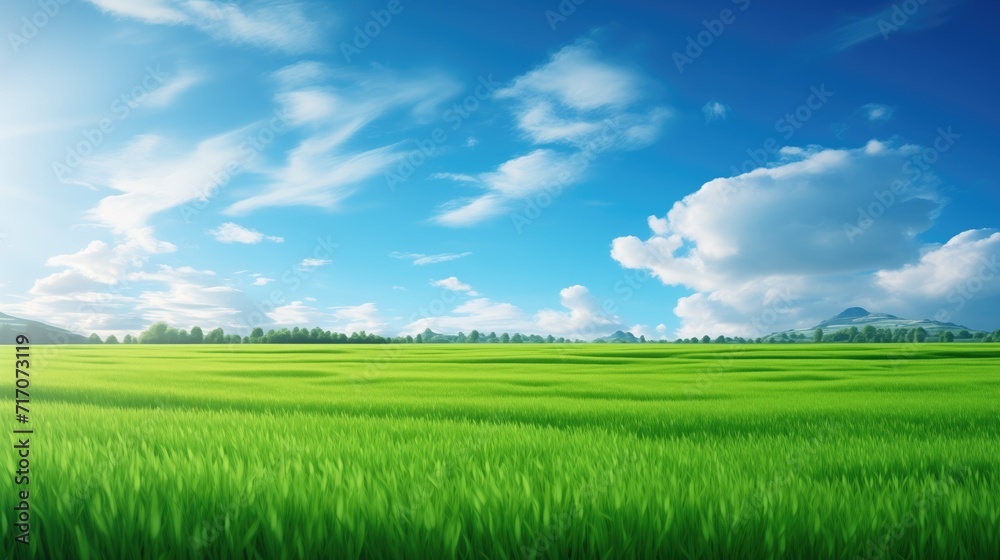 green field and blue sky with clouds, nature background , morning, landscape