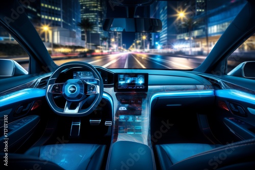 Cutting-edge autonomous car dashboard. futuristic hud, hologram screens and infotainment system