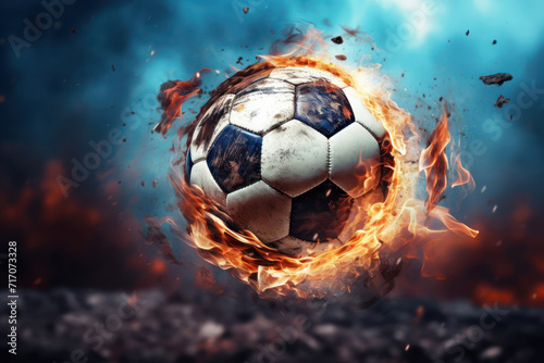 Soccer ball with flame of fire flying over a stadium. Footbal concept.