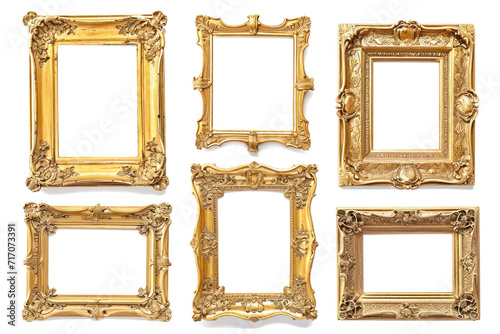 Set of golden wooden frames isolated on white background.