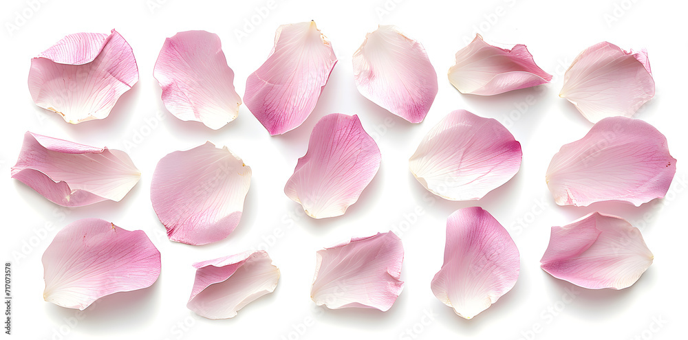 Collection of soft pink flower petals isolated on a white background