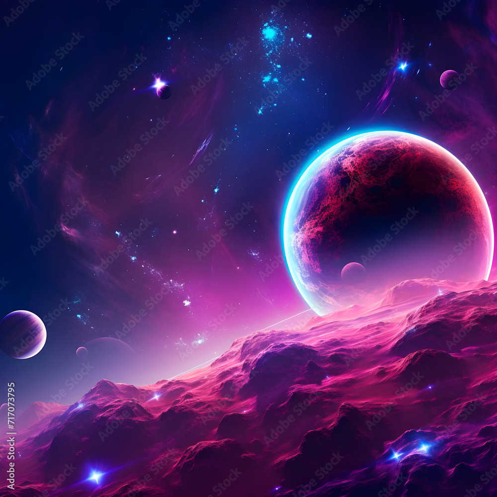 Pink space view, mystical space landscape, bright planets, orbital moons and stars against the background of a rainbow galaxy and nebula