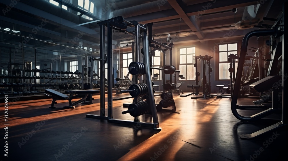 An empty gym with exercise equipment, sunlight. Fitness concept. Background to add to your photos