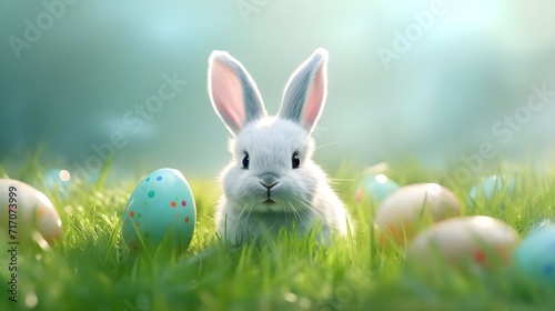 Easter bunny and easter eggs on green grass