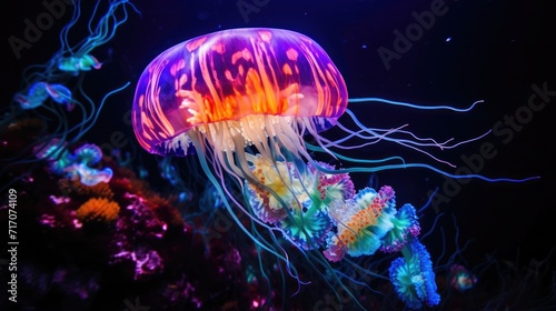 A jellyfish is glowing in the dark. Generative AI.