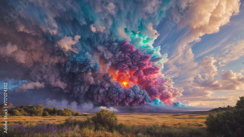 A Stunning Landscape with a Purple Sky and Green Clouds"Highlight: Immerse yourself in the breathtaking beauty of a volcanic eruption, showcasing vibrant colors in the sky and unique green clouds, m