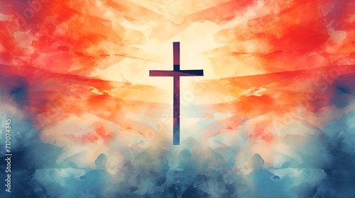 Easter scene with cross. Jesus Christ. Watercolor illustration generated AI © natalystudio