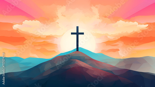 Easter scene with cross. Jesus Christ. Watercolor illustration generated AI