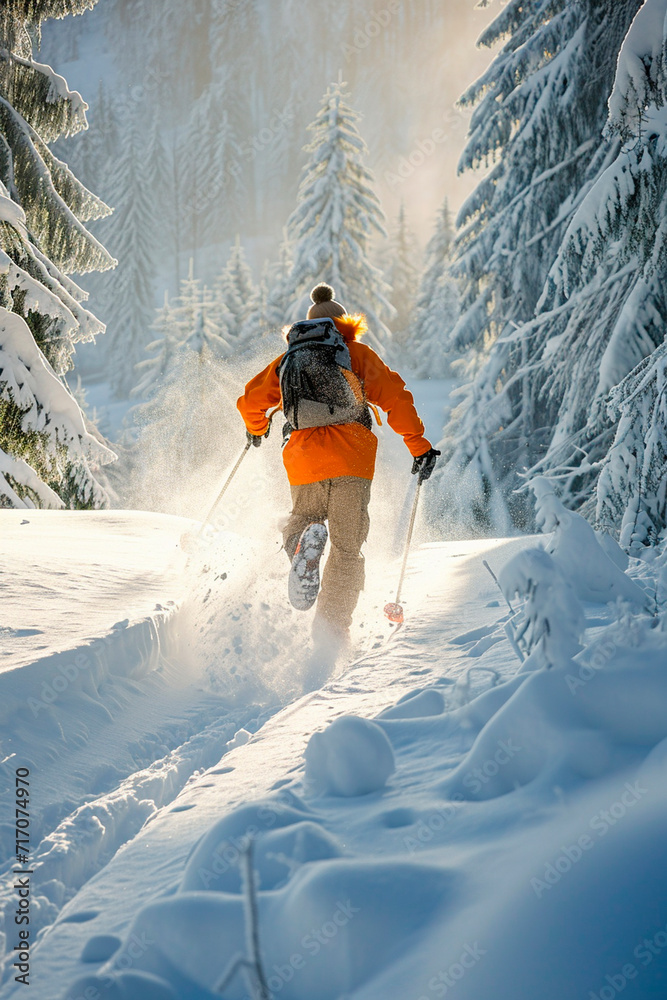 Man man walks through the snow in the mountains. Selective focus.