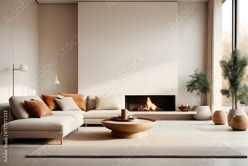 Scandinavian style minimalist house with modern large living room, light walls, armchair and fireplace
