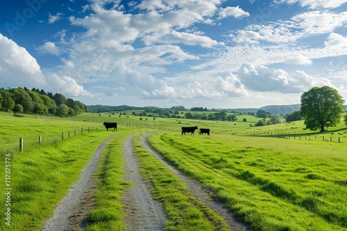 Countryside landscape  farm field and grass with grazing cows on pasture in rural scenery with country road  panoramic view
