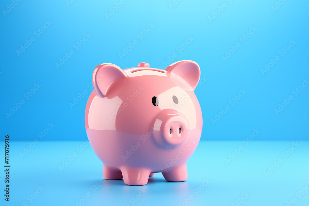 Piggy bank on blue background. Copy space.