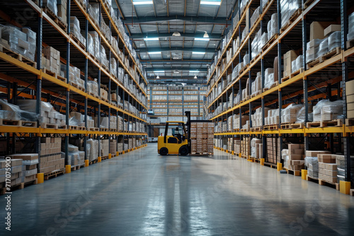Big Retail Warehouse full of Shelves with Goods Stored on Manual Pallet Truck in Cardboard Boxes and Packages. Forklift Driving in Background. Logistics and Distribution Facility for Product Delivery.
