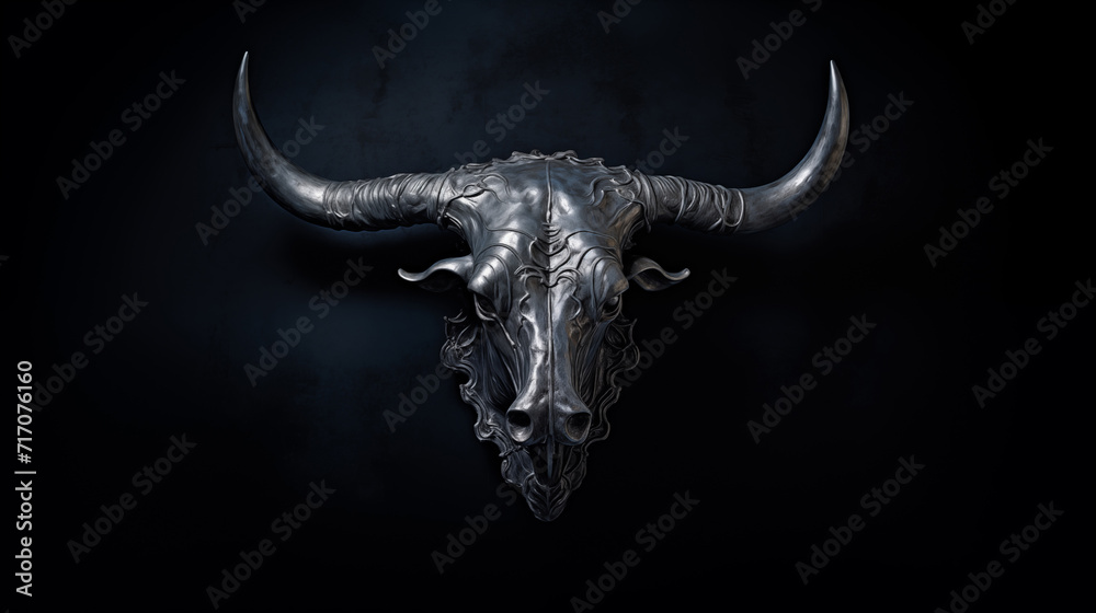 Fototapeta premium Skulptur eines Stier-Kopf aus silbernem Metall, mit Hörnern und Muster verziert. Illustration vor dunklem Hintergrund