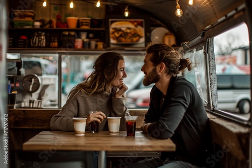 Couple interacting with each other at food truck van photo