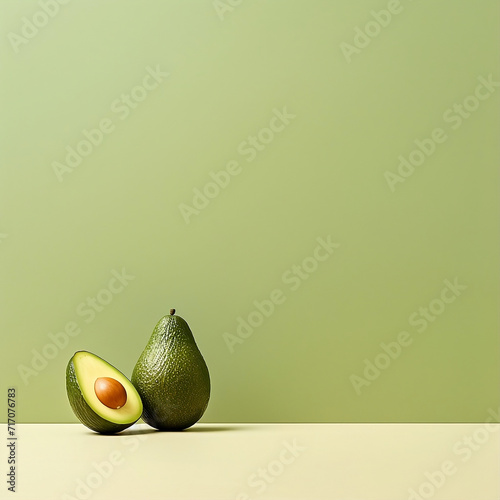 Halbe und ganze Avocado im unteren linken Bildrand vor einem grünen Hintergrund photo
