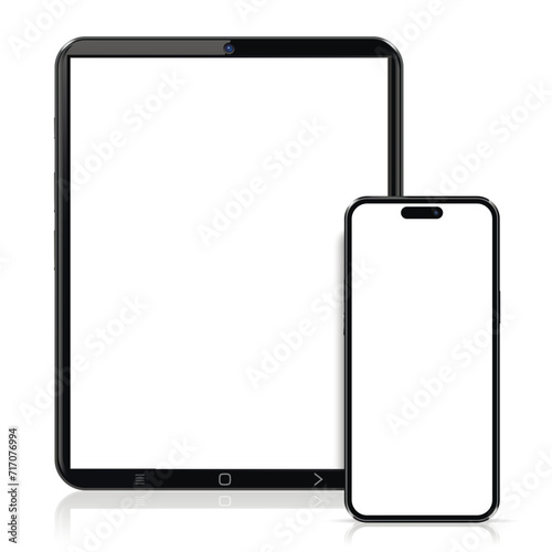Realistic tablet and smartphone with blank screen mockup