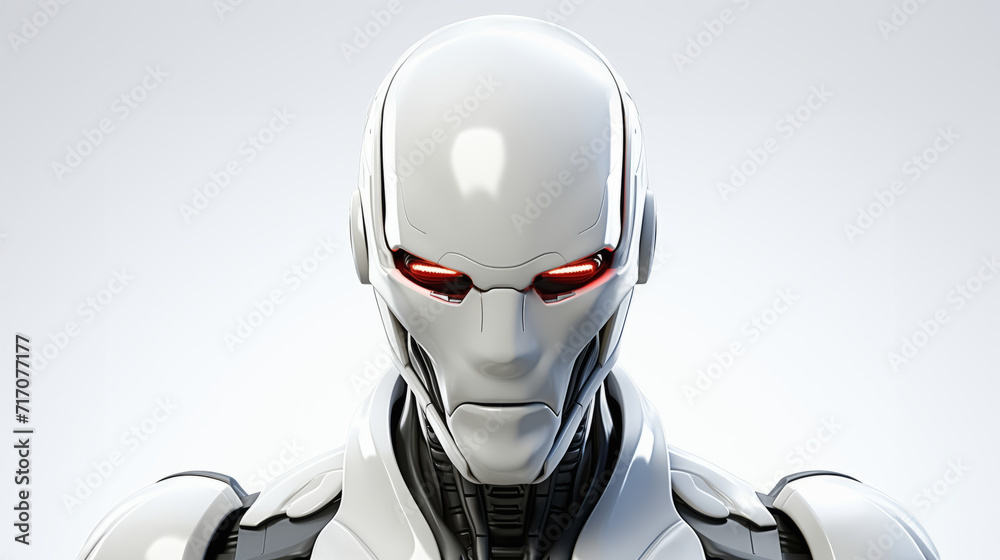 A white robot with red eyes stands in front of a plain white background. A white robot with red eyes stands in front of a plain white background.