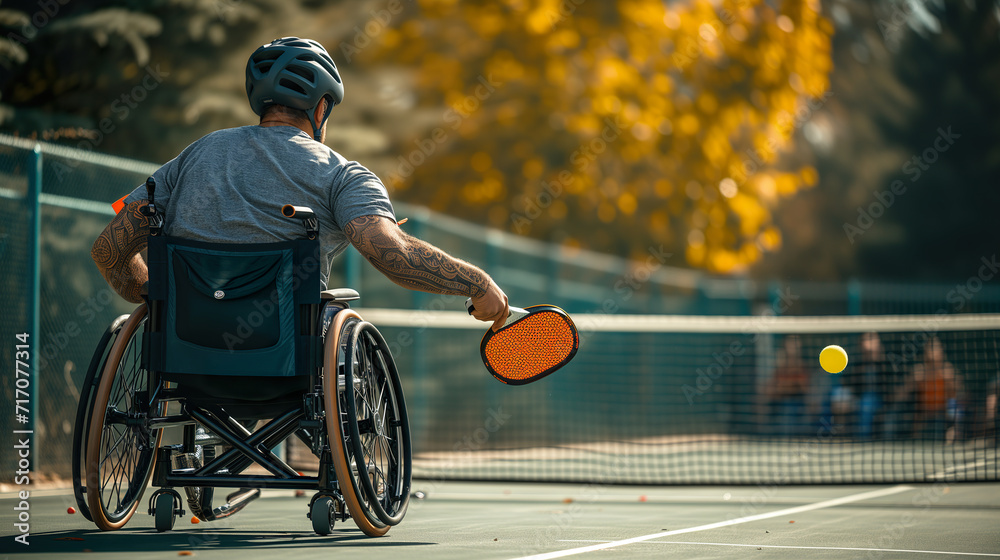 Male wheelchair athlete with racket on Pickleball court, autumnal trees in the background - obrazy, fototapety, plakaty 