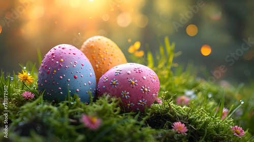 Colorful easter eggs on green moss background with bokeh. Colorful easter eggs on green moss with pink spring flowers in the forest. Sunny day. 
