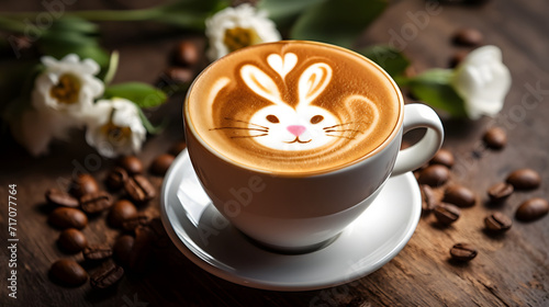 Cup of latte coffee with Easter bunny shape art on foam, top view. Beautiful Easter and spring background. Coffee cup with latte art on wooden table with white tulips and coffe beans.