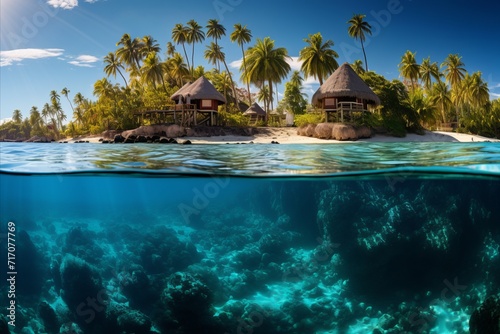 Split view of tropical island hut and colorful fish swimming underwater at water level