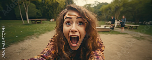 Young brunette girl smilling into phoe camera and taking fun at sunny day. photo