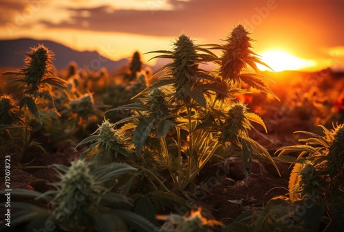 A stunning view of a field filled with cannabis plants against the backdrop of a beautiful sunset