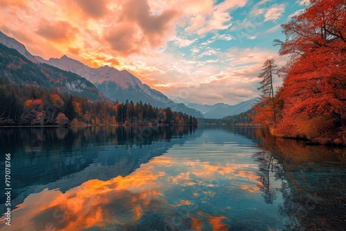 Fantastic autumn sunset of Hintersee lake