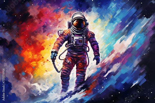 a painting of a space explorer surrounded by colorful cosmic clouds, made with vibrant watercolor strokes. Generative AI
